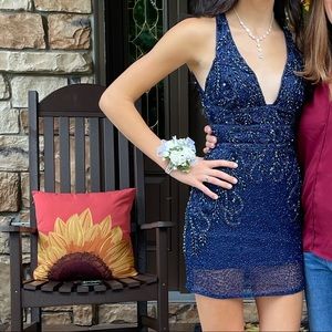 Primavera Couture Beaded Midriff Fitted Blue Cocktail Dress Size 0